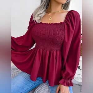 A26 Square Neck Smocked Blouse Flounced Long Sleeve Maroon Puff Sleeve sz Small